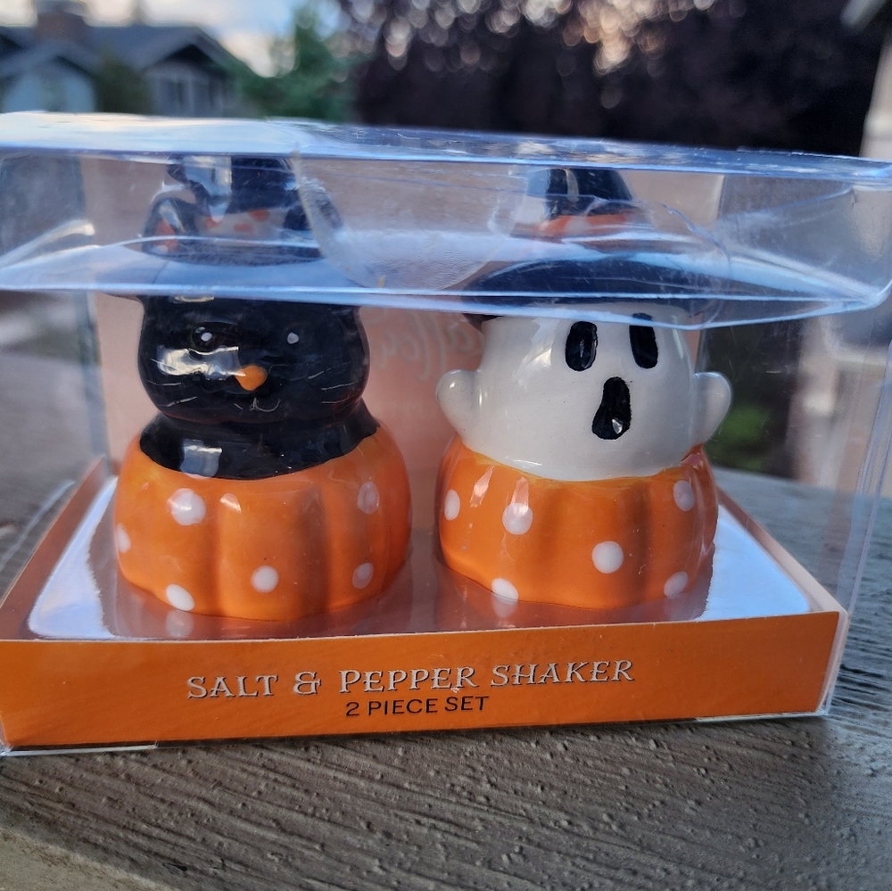 Black Cat and Ghost with Witch Hat's Salt and Pepper Shakers